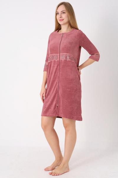 İntensive Tile Zippered Lace Pocket Cotton Towel Three Quarter Sleeve Dress