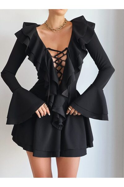 Elia Swimwear Rochie Dama Baby Doll Cu Maneci Bufante Si Volane Neagra Francia