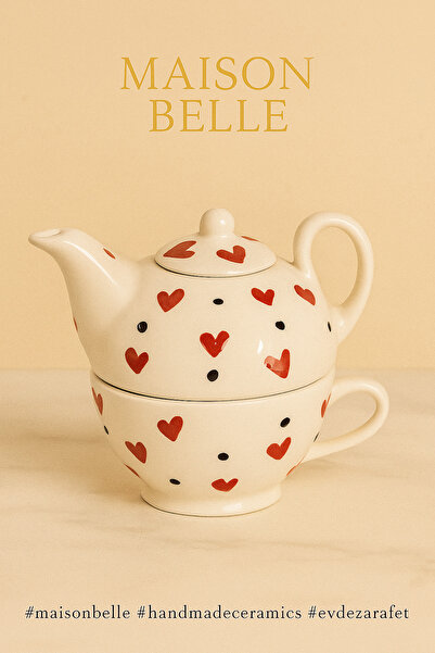 Yerel Üretici Maison Belle El Boyaması Kırmızı Kalpli Seramik Çaydanlık(350 m...