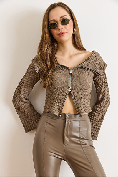 Olalook Women's Mink Textured Zippered Madonna Blouse Blz-19003172