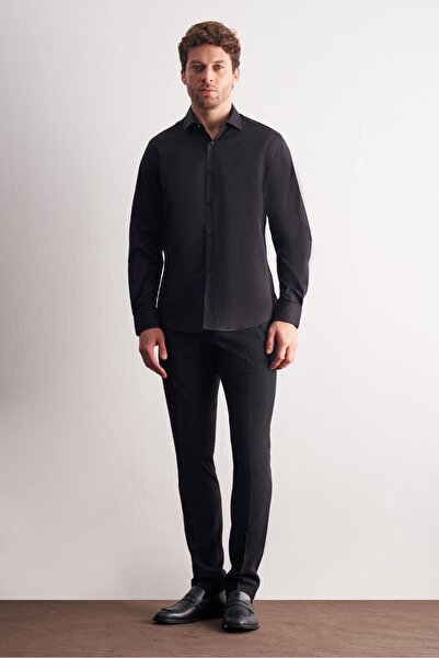 İmza Black Half Italian Collar Long Sleeve S Slim Fit Cotton Shirt 1004255189