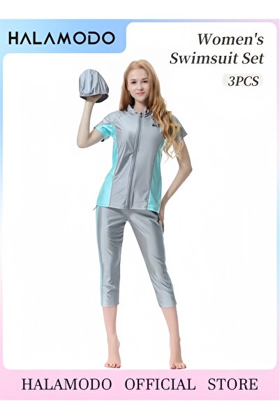 HALAMODO 2PCS Women's Swimsuit Set Simple Color-Blocked Design Comfortable Swimwear Set with Swim Cap