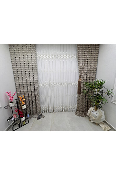 NİVEMESHOME 3767 Serap Gold 1/3 Pleated Bamboo Tulle Curtain