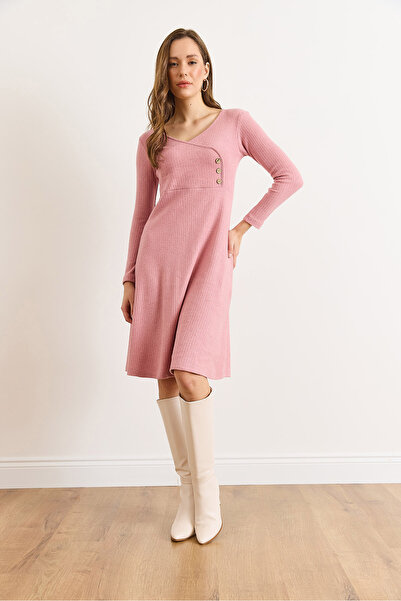 Olalook Women's Dusty Rose Button Detail Double-Breasted Midi Bell Dress Elb-19002031