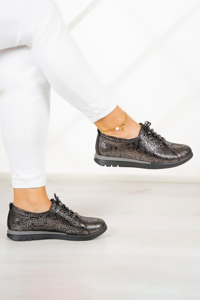 Erkan Saçmacı Khloe Silver Snake Genuine Cowhide Leather Round Toe Flat Sole Casual Shoes