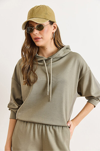 Olalook Women's Green Modal Buttoned Hooded Thread Detail Flowy Sweatshirt Swt-19000778