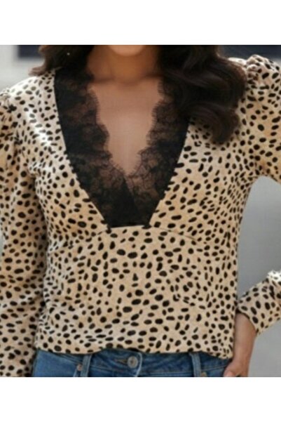 TUA MODA Tua Fashion Women's Long Sleeve Front Deep Lace Neck Leopard Print Diving Blouse