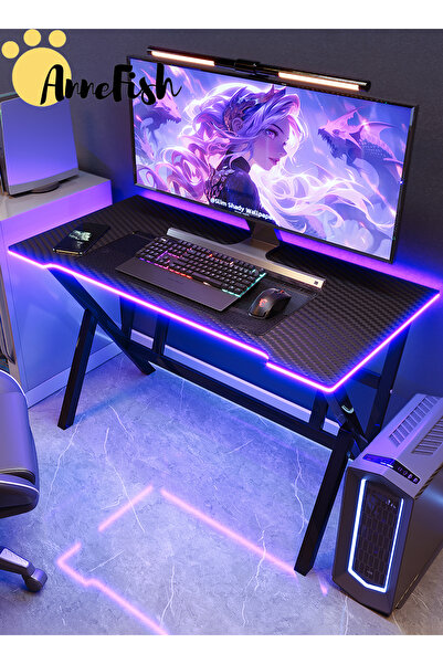 AnneFish Gaming Desk With Smart Bluetooth Led Strip Music Sync Corner Computer Desk Carbon Fiber Table