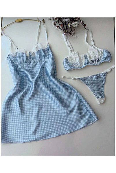 LİA Underwear طقم ملابس نوم من الساتان الأزرق بنمط عتيق مكون من 3 قطع