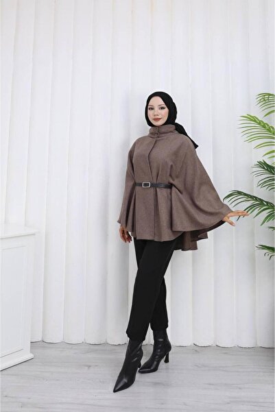 Rema 80 cm Length Cashmere Fabric Poncho with Belt and Button Details