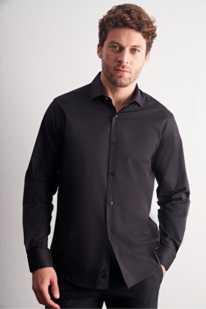 İmza Black Half Italian Collar Long Sleeve S Slim Fit Cotton Shirt 1004255189