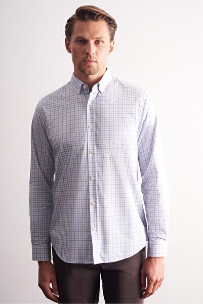 İmza White - Gray Buttoned Collar Checkered Pattern Long Sleeve Premium Slim Fit 100% Cotton Shirt 1004255184