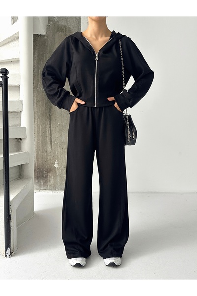 floral fashıon Free Design Premium Modal Fabric Women's Tracksuit Set Flow Fit Cut Steel Zipper Hood Detail