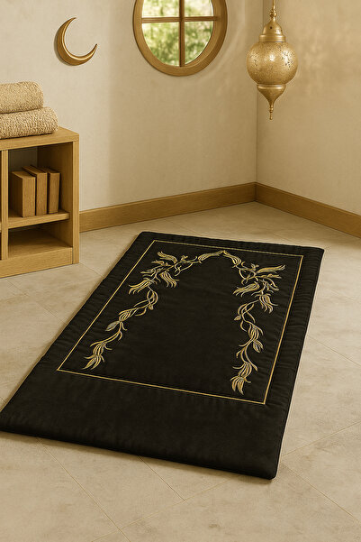 Bonny Home Sahra Black Velvet Embroidered Prayer Rug with Sponge, Soft Dowry Gift Bundle, Luxurious Prayer Mat