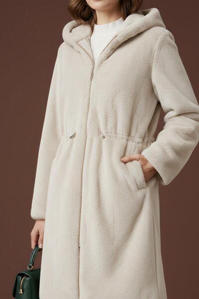 Puane Women's Hooded Elastic Waist Plush Coat - 15236Kbn - Stone