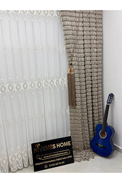 NİVEMESHOME 3767 Serap Gold 1/3 Pleated Bamboo Tulle Curtain