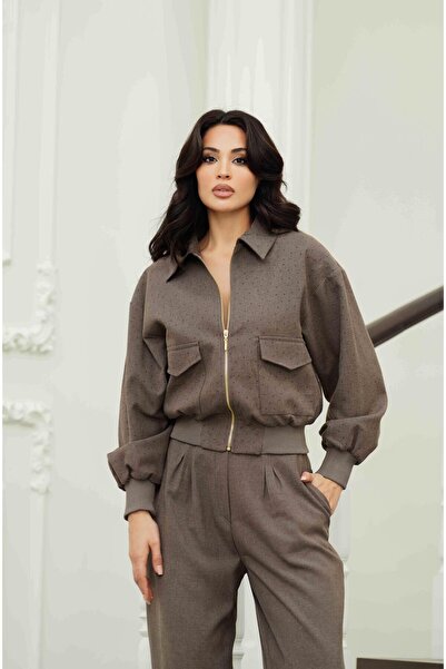 Serica Moda Brown Zippered Stone Embroidered Jacket and Pants Set