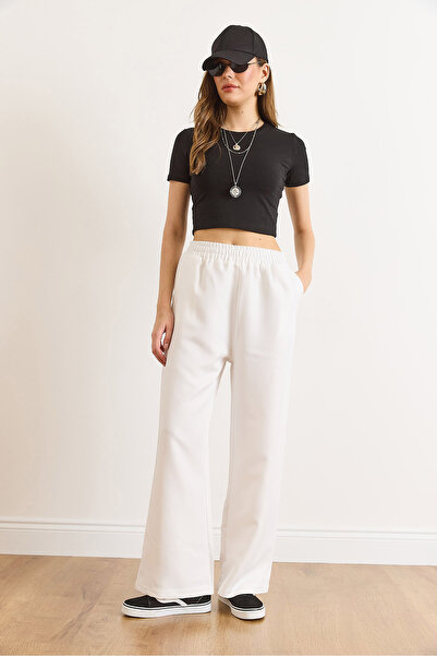 Olalook Women's White Waistband Pocketed Wool Effect Wide Leg Winter Trousers Pnt-19000383