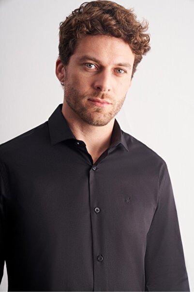 İmza Black Half Italian Collar Long Sleeve S Slim Fit Cotton Shirt 1004255189