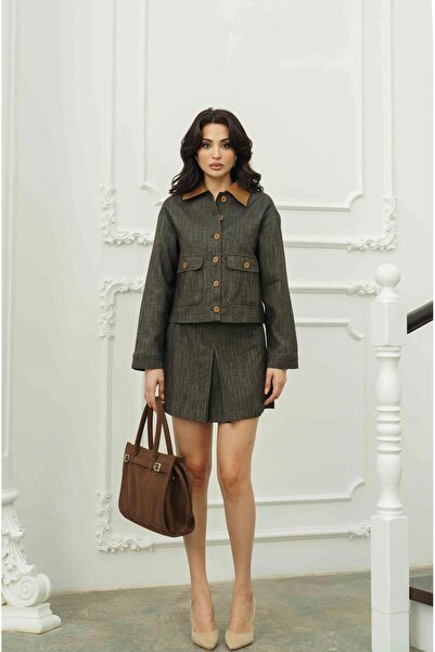 Serica Moda Coffee Collar Detailed Jacket Skirt Set