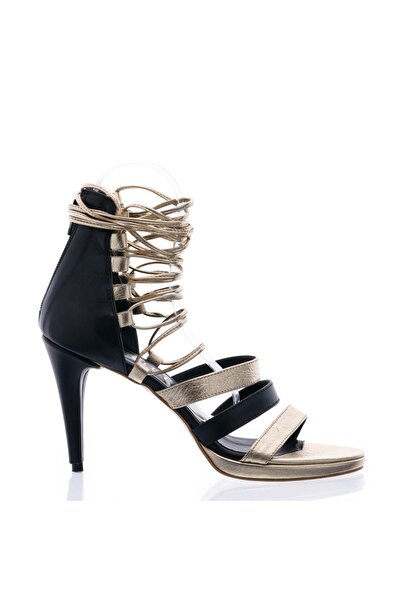 Vanilla Days Sandale Adela Stiletto aurii și negre, din piele naturală