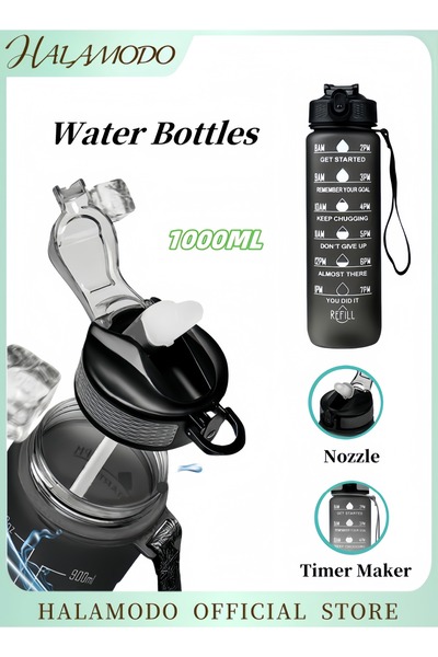 HALAMODO Water Bottle with Time Marker & Straw Water Bottle with Carrying Strap Leakproof BPA
