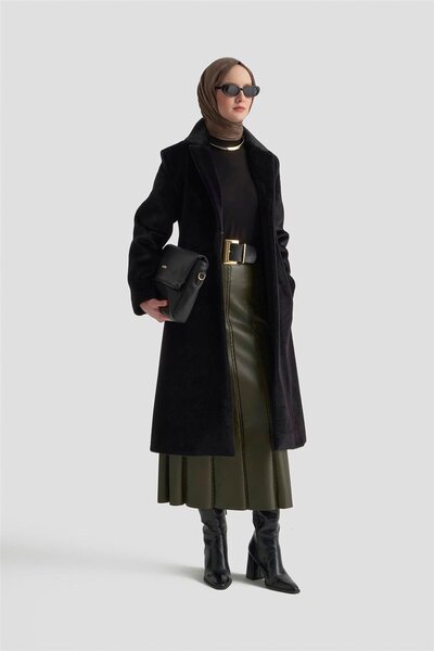 Armine Beli Kuşaklı Kaban 25KD2401 Siyah