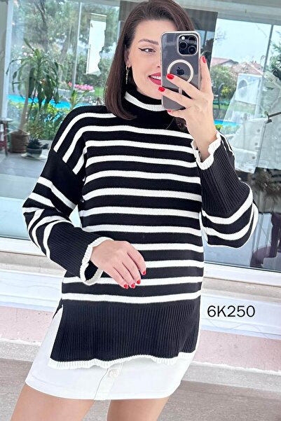 İnce Topuk High-Necked Striped Knit Blouse 6K250