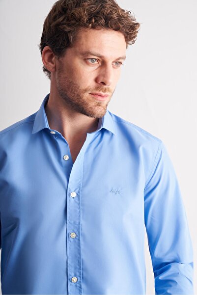 İmza Cobalt Half Italian Collar Long Sleeve S Slim Fit Cotton Shirt 1004255180