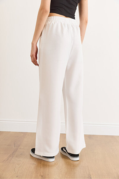 Olalook Women's White Waistband Pocketed Wool Effect Wide Leg Winter Trousers Pnt-19000383