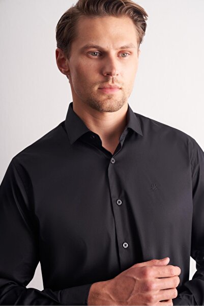 İmza Black Half Italian Collar Long Sleeve Premium S Slim Fit Cotton Shirt 1004255198