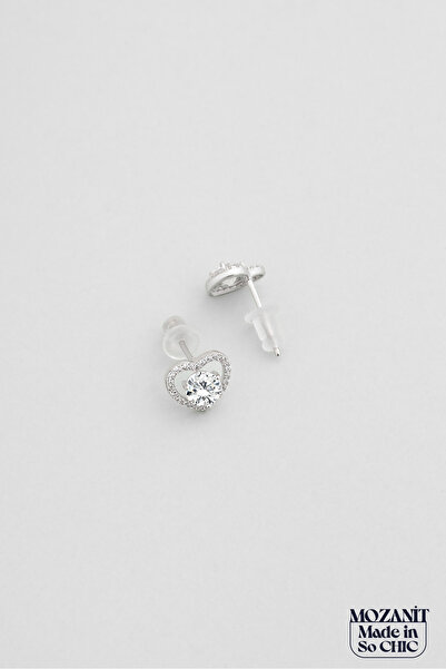 So CHIC... Mozanit Kalbi 18 Ayar Beyaz Altın Kaplama Gümüş Küpe