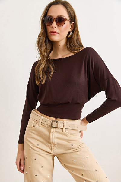 Olalook Women's Brown Waistband Batwing Soft Textured Blouse Blz-19003171