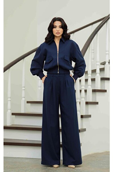 Serica Moda Navy Blue Zippered Stone Embroidered Jacket and Pants Set