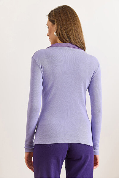 Olalook Women's Lilac Purple Color Block Polo Neck Cotton Stretchy Blouse Blz-19003104