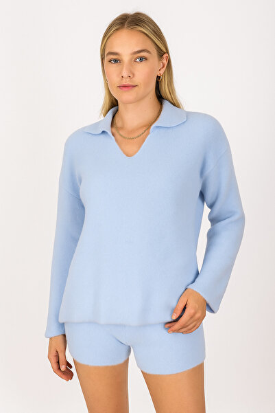 Minora Minoralady Women's Baby Blue Polo Neck, Soft Textured Bearded Home-Outwear Knitwear Set