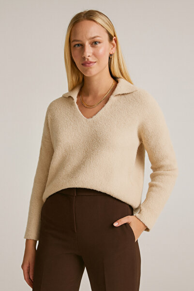 Minora Minoralady Women's Beige Polo Neck, Soft Textured Beard Knitwear Sweater