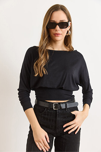 Olalook Women's Black Waistband Batwing Soft Textured Blouse Blz-19003171