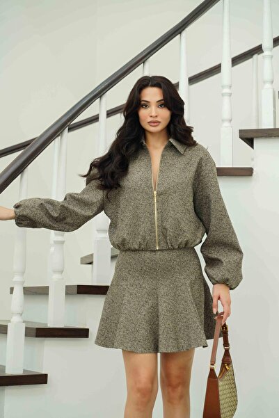 Serica Moda Brown Elastic Waist Zippered Jacket Skirt Set