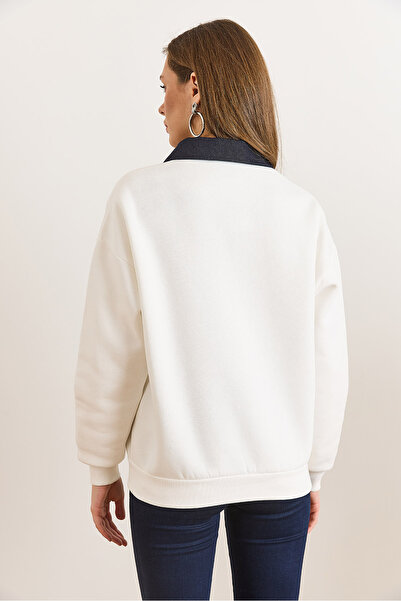 Olalook Women's White Denim Collar Buttoned Fleece-Lined Thick Sweatshirt Swt-19000781