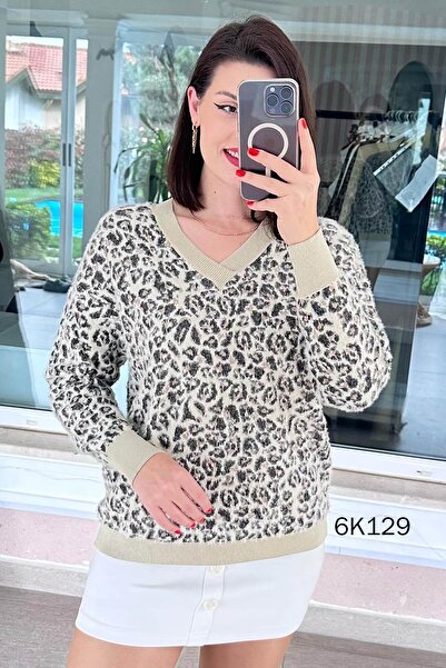 İnce Topuk V-Neck Leopard Pattern Bearded Knitwear Blouse 6K129
