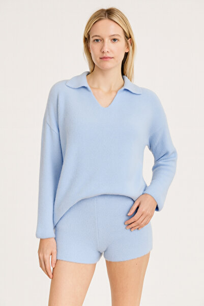 Minora Minoralady Women's Baby Blue Polo Neck, Soft Textured Bearded Home-Outwear Knitwear Set