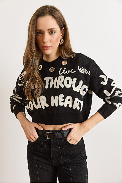 Olalook Women's Black Bird's Eye Detailed Sleeve Heart Crop Knit Sweater Kzk-19001046