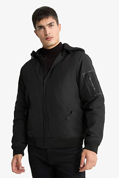 DeFacto C5908Axbk27 Black Water Repellent Regular Fit Shirt Collar Lined Zippered Interior Pocket Faux Leather Coat
