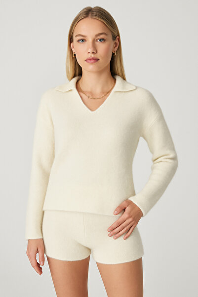 Minora Minoralady Women's Polo Neck, Soft Textured Beard-Like Home-Outwear Knitwear Set