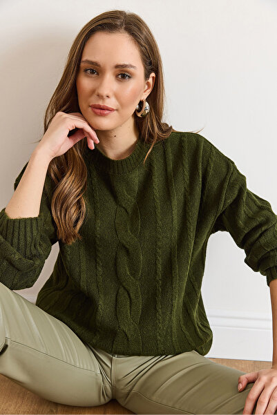 Olalook Women's Emerald Green Hair Braid Detailed Soft Textured Knitwear Sweater Kzk-19001074