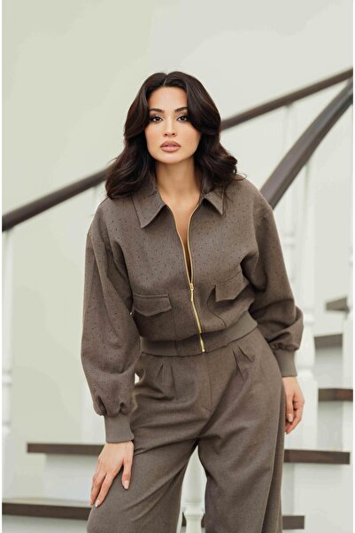 Serica Moda Brown Zippered Stone Embroidered Jacket and Pants Set