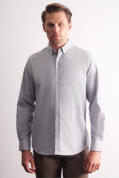 İmza White - Khaki Buttoned Collar Checkered Pattern Long Sleeve Premium Slim Fit 100% Cotton Shirt 1004255185