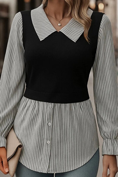 Butik    Women's Long Sleeve Collared Front Buttoned Ottoman Blouse