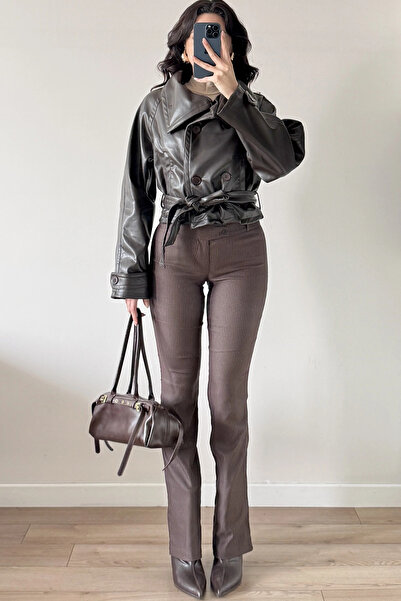 Eka Jachetă din piele subțire cu nasturi maro pentru femei 0999-8505